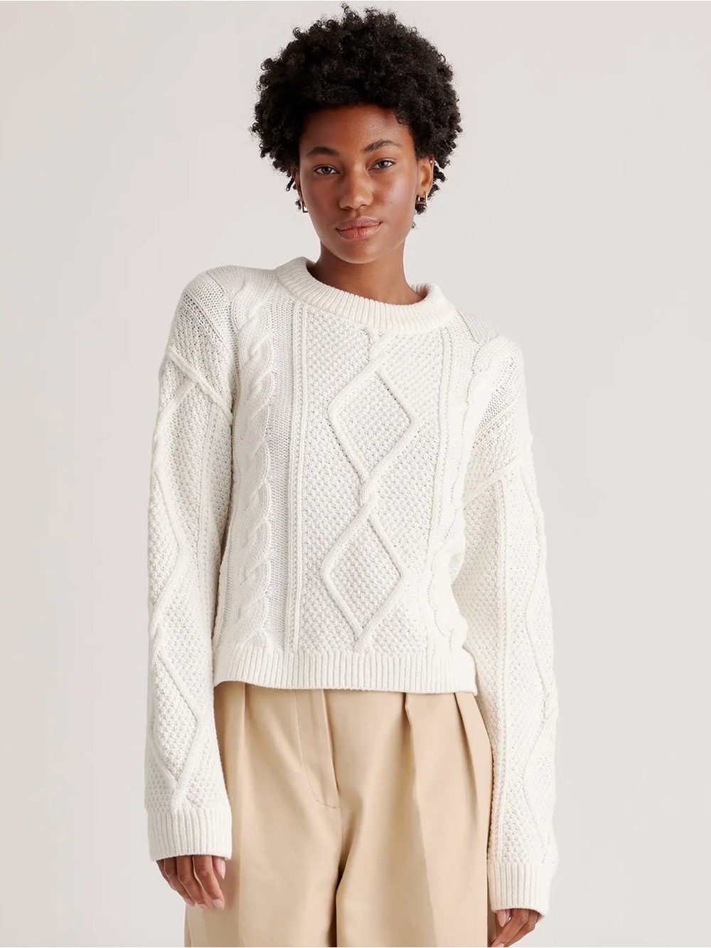 Quince Cropped Cable Crew Sweater Ivory Cable Knit Organic Cotton Small EUC